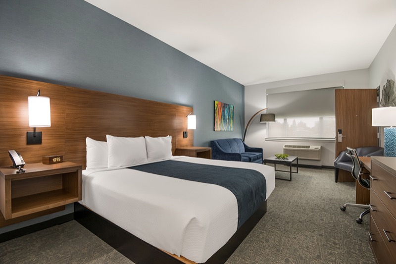 ADA Deluxe King guest room with king bed, blue-grey accent wall, navy sofa, abstract art, window with shade, and desk area