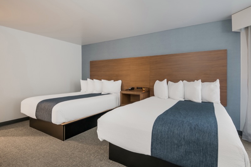Two queen beds with white linens and blue runners, continuous wood headboard, and light blue accent wall
